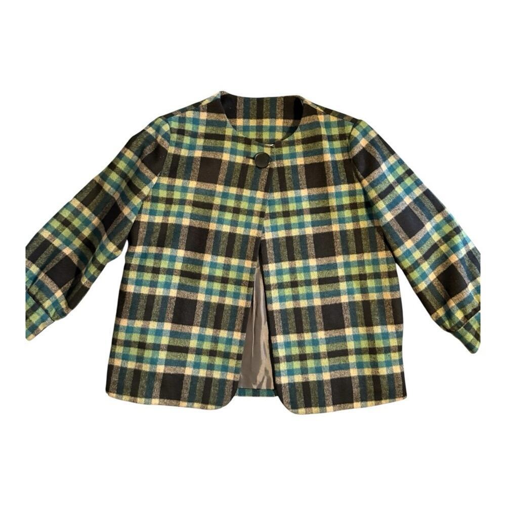 Joe’s Green Blue Plaid Wool Blend Cropped Jacket Lined Coat Retro Cape M - Picture 3 of 10